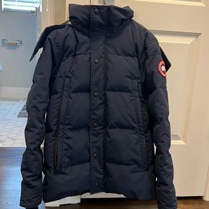 Men navy blue authentic canada goose wyndham parka coat worn